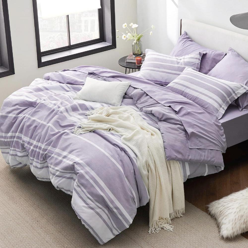 imageBedsure Queen Comforter Set 7 Pieces Grey Striped Bedding Set for All Seasons Reversible Cationic Dyeing Bed in a Bag with Comforter Sheets Pillowcases ampamp Shams09 Purple