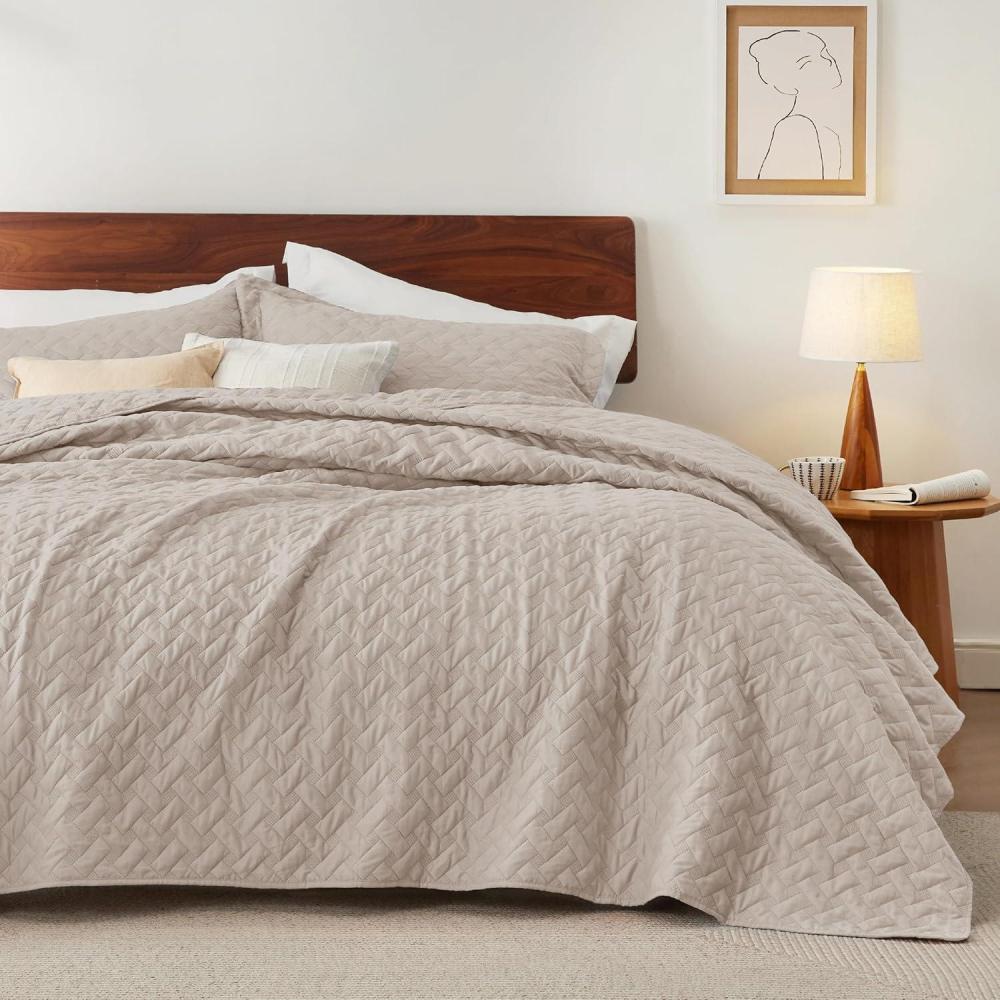 imageBedsure Quilts Queen Size Lightweight Bedspreads Queen Size with Basket Weave Pattern Soft Quilt Bedding Set Mineral Blue Comforter Set Coverlet for All Seasons with 2 Pillow Shams 90quot x 96quot12 Light Beige
