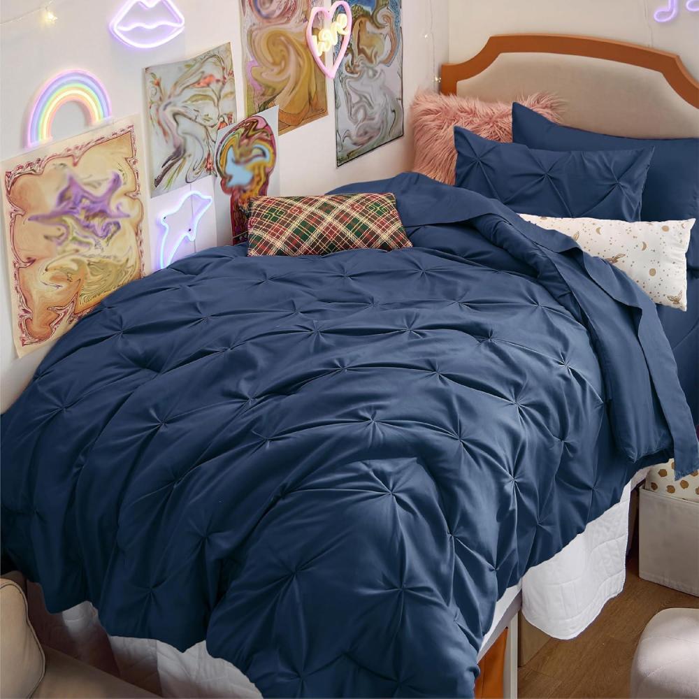 imageBedsure Twin XL Comforter Set Extra Long 5 Pieces Dorm Bedding Sets Pinch Pleat Pink Bed in a Bag with Comforter Sheets Pillowcase ampamp Sham09 Navy