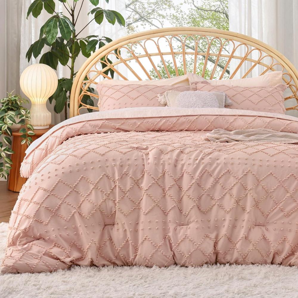 imageBedsure Twin XL Comforter Set  White Comforter Boho Tufted Shabby Chic Bedding for Kids 2 Pieces Vintage Farmhouse Bed Set for All Seasons Fluffy Soft Bedding with 1 Pillow Sham03  Coral Pink