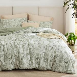 Bedsure Floral Comforter Set Queen Size – 100% Cotton Fabric with Microfiber Inner Fill, Sage Green Bedding Comforter Set, 3 Pieces, 1 Soft Reversible Botanical Flower Comforter and 2 Pillow Shams(01 – Sage Green)