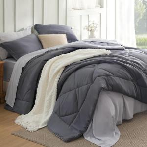 Bedsure Queen Comforter Set – 7 Pieces Reversible Beige Bedding, Queen Size Bed Set for All Seasons, Bed in a Bag with Down Alternative Comforter, Sheets, Pillowcases & Shams(06 – Dark Grey)