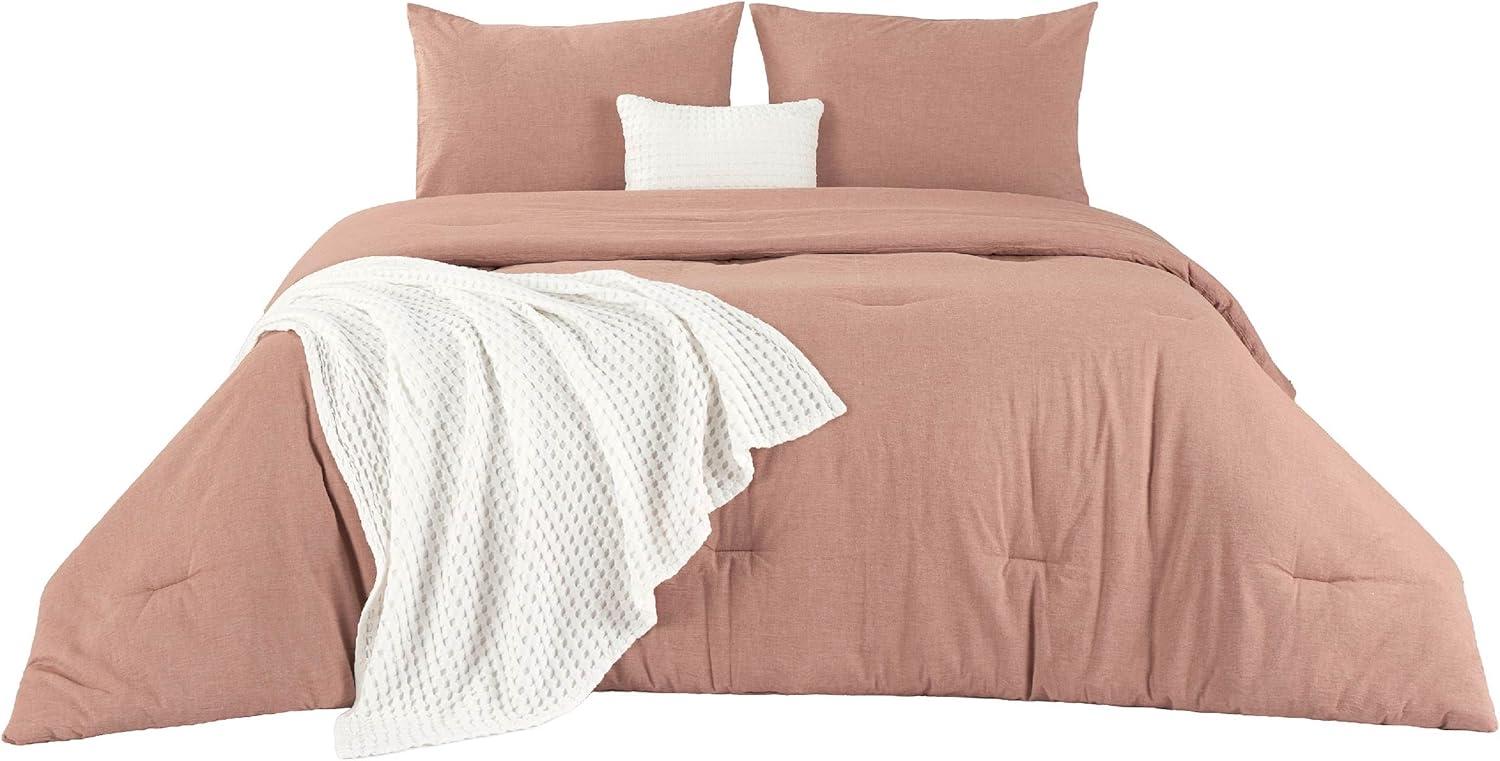 imageBedsure 5 PCS Cotton Comforter Set with Waffle Throw Blanket Breathable Bedding Set for All Seasons Olive Green Queen Comforter Pillow Shams Beige 100 Cotton Blanket Throw Pillow12 Pink Clay