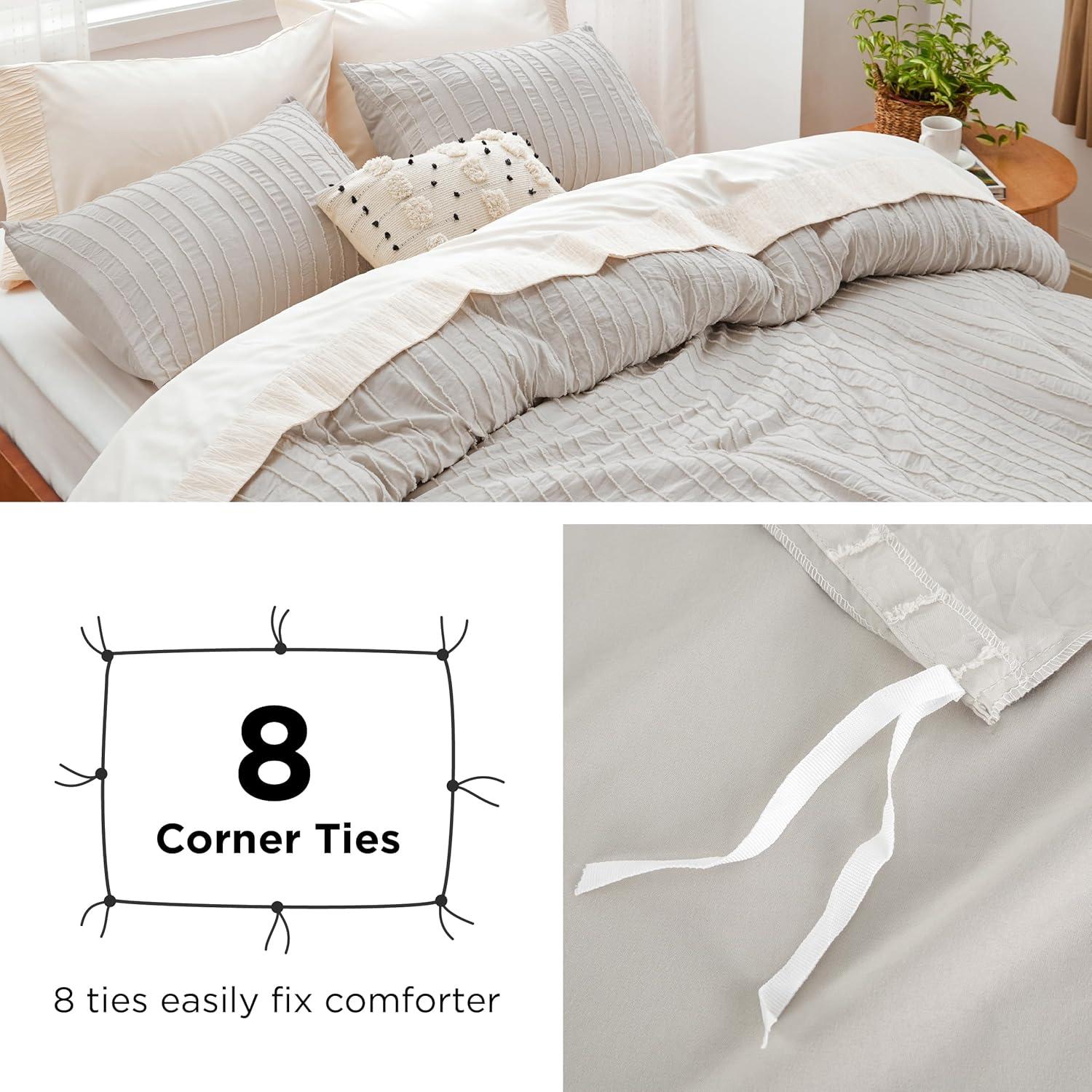 imageBedsure Boho Duvet Cover Queen Size with Fitted Sheet Boho Bedding Comforter Set 4 Pieces Includes 1 Duvet Cover 90quotx90quot with Zipper Closure 2 Pillow Shams 1 Fitted Sheet Beige35 White Stripe No Comforter