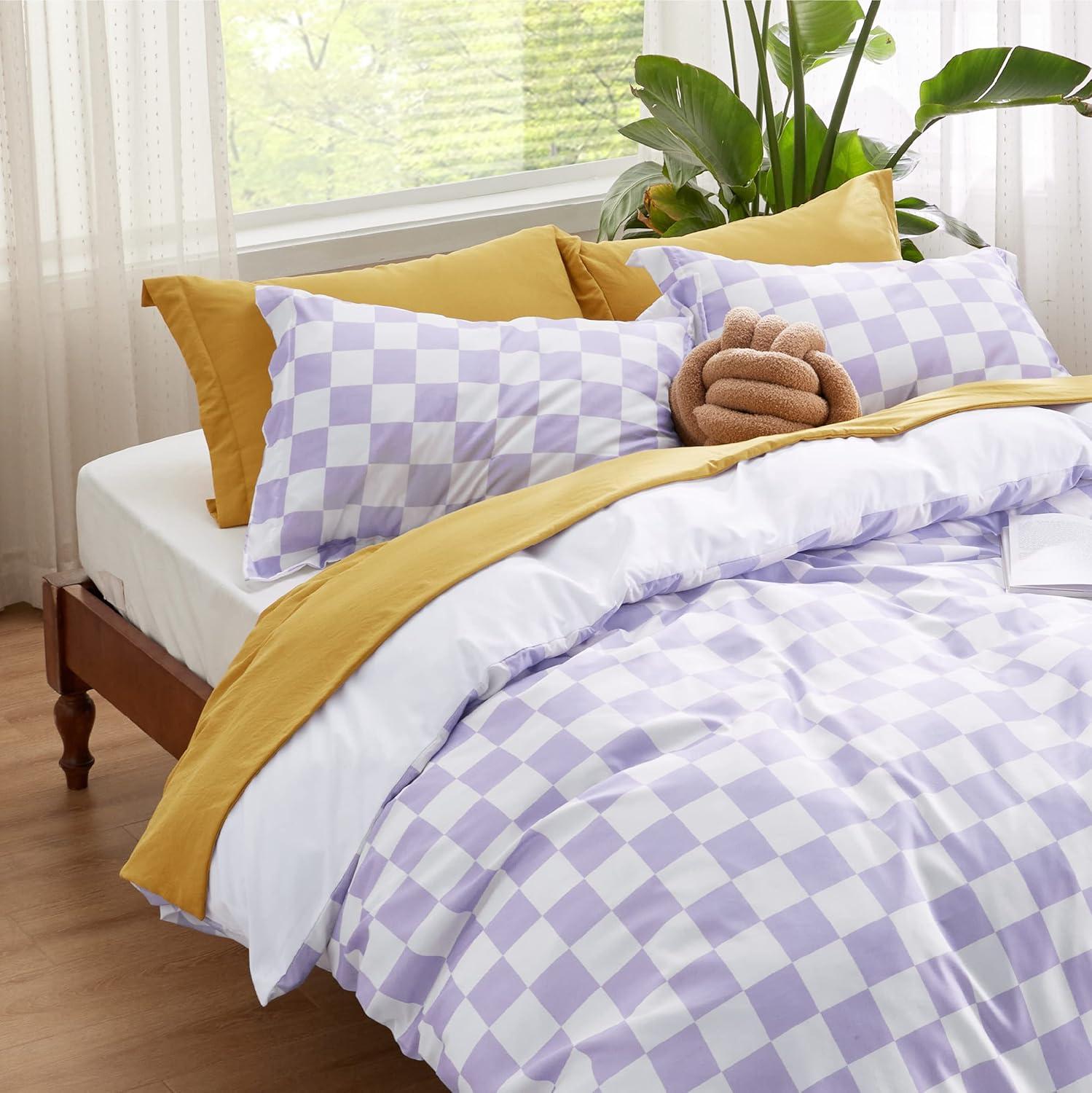 imageBedsure Duvet Cover Queen Size Reversible Terracotta Queen Duvet Cover Set with Zipper Closure 3 Pieces Floral Patterned Bedding Set with 8 Corner Ties and 2 Pillow Shams07 Purple Checkered No Comforter