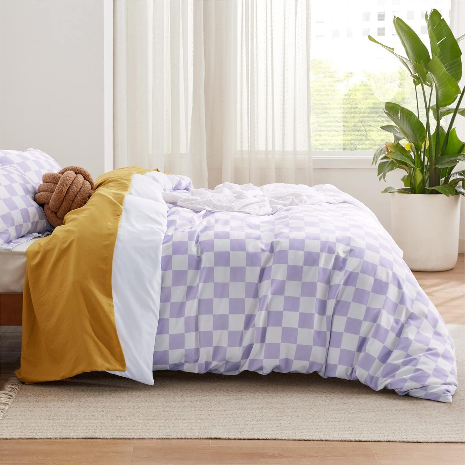 imageBedsure Duvet Cover Queen Size Reversible Terracotta Queen Duvet Cover Set with Zipper Closure 3 Pieces Floral Patterned Bedding Set with 8 Corner Ties and 2 Pillow Shams07 Purple Checkered No Comforter