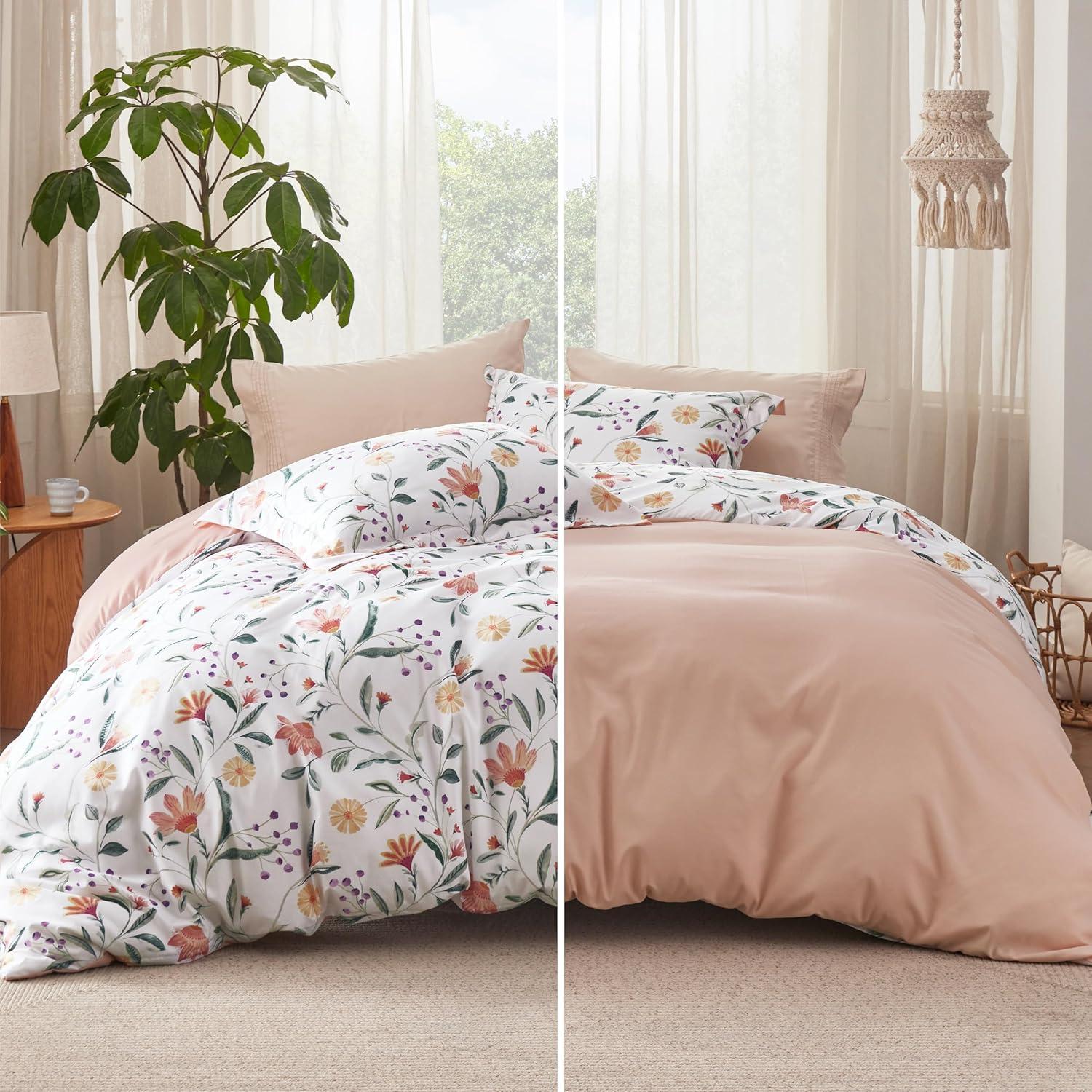 imageBedsure Duvet Cover Queen Size Reversible Terracotta Queen Duvet Cover Set with Zipper Closure 3 Pieces Floral Patterned Bedding Set with 8 Corner Ties and 2 Pillow Shams06 Pale Blush Floral No Comforter