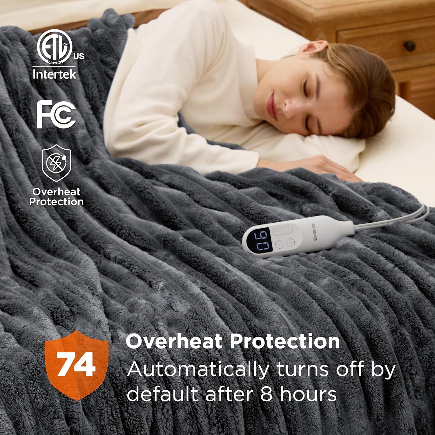 imageBedsure Heated Blanket Throw Flannel Sherpa Electric Blanket with Gingerbread Pattern for Grandma Heated Throw with 6 Heating Levels 4 Time Settings 3Hour AutoOff 50quotx60quot09 Grey