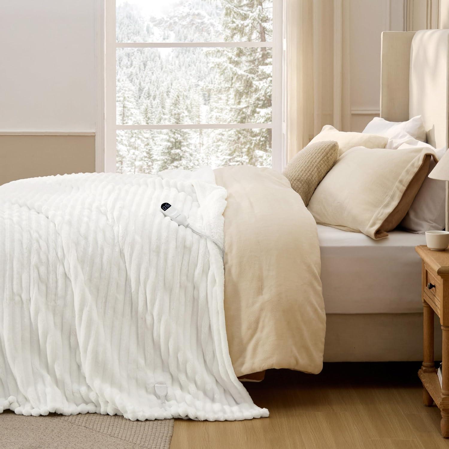 imageBedsure Heated Blanket Throw Flannel Sherpa Electric Blanket with Gingerbread Pattern for Grandma Heated Throw with 6 Heating Levels 4 Time Settings 3Hour AutoOff 50quotx60quot08 White