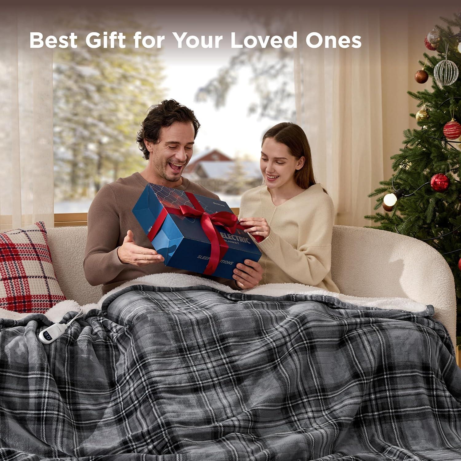 imageBedsure Heated Blanket Throw Flannel Sherpa Electric Blanket with Gingerbread Pattern for Grandma Heated Throw with 6 Heating Levels 4 Time Settings 3Hour AutoOff 50quotx60quot20 Blue