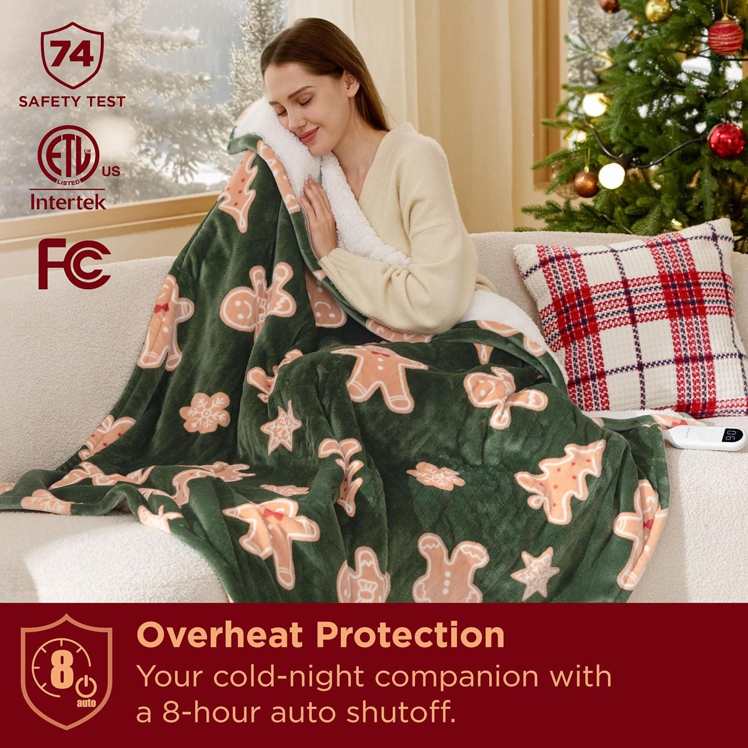 imageBedsure Heated Blanket Throw Flannel Sherpa Electric Blanket with Gingerbread Pattern for Grandma Heated Throw with 6 Heating Levels 4 Time Settings 3Hour AutoOff 50quotx60quot00 Gingerbread Man