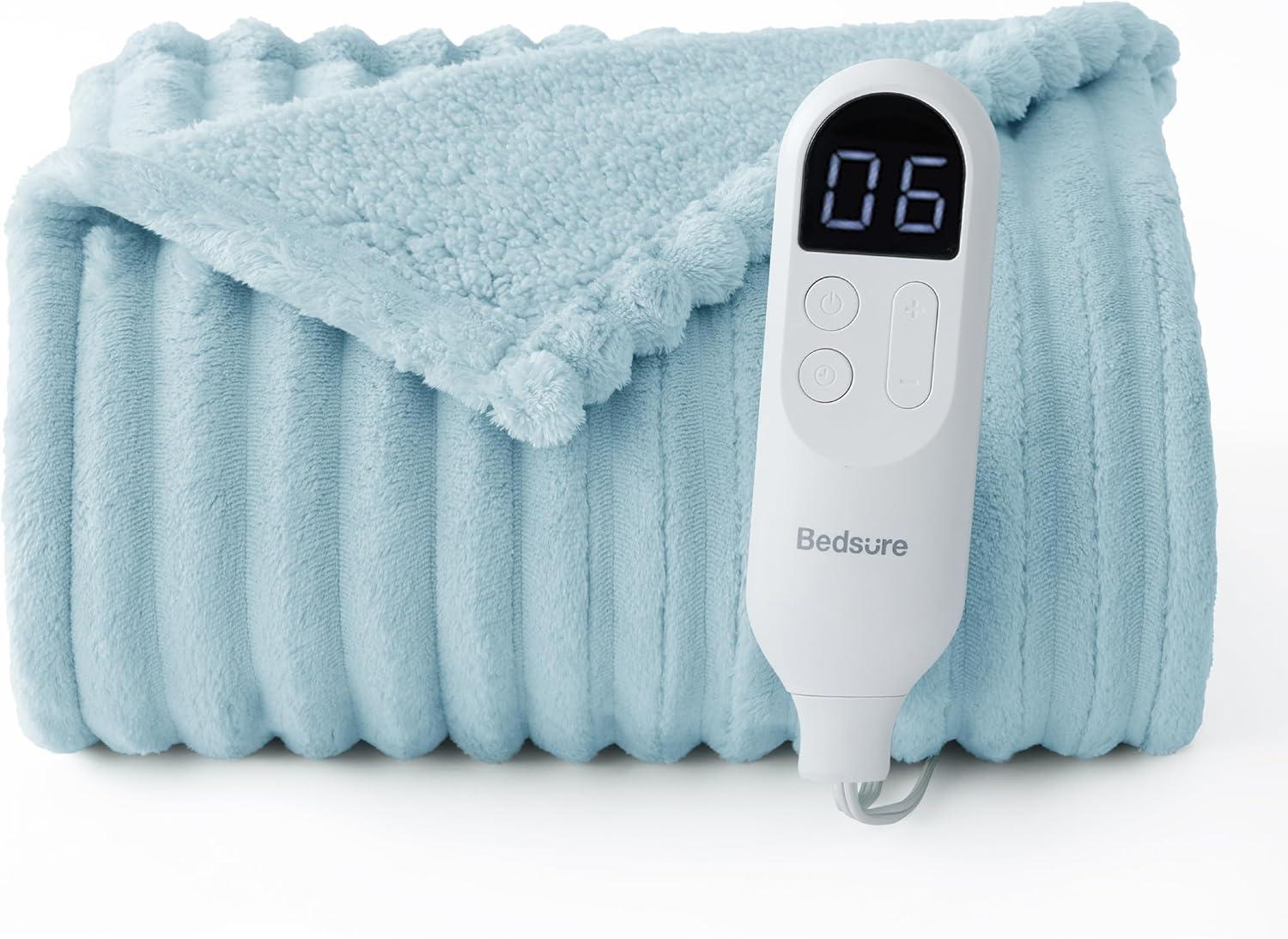 imageBedsure Heated Blanket Throw Flannel Sherpa Electric Blanket with Gingerbread Pattern for Grandma Heated Throw with 6 Heating Levels 4 Time Settings 3Hour AutoOff 50quotx60quot12 Light Blue