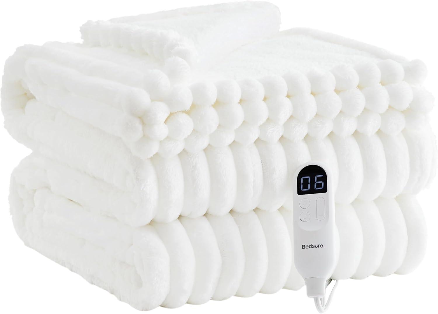 imageBedsure Heated Blanket Throw Flannel Sherpa Electric Blanket with Gingerbread Pattern for Grandma Heated Throw with 6 Heating Levels 4 Time Settings 3Hour AutoOff 50quotx60quot08 White