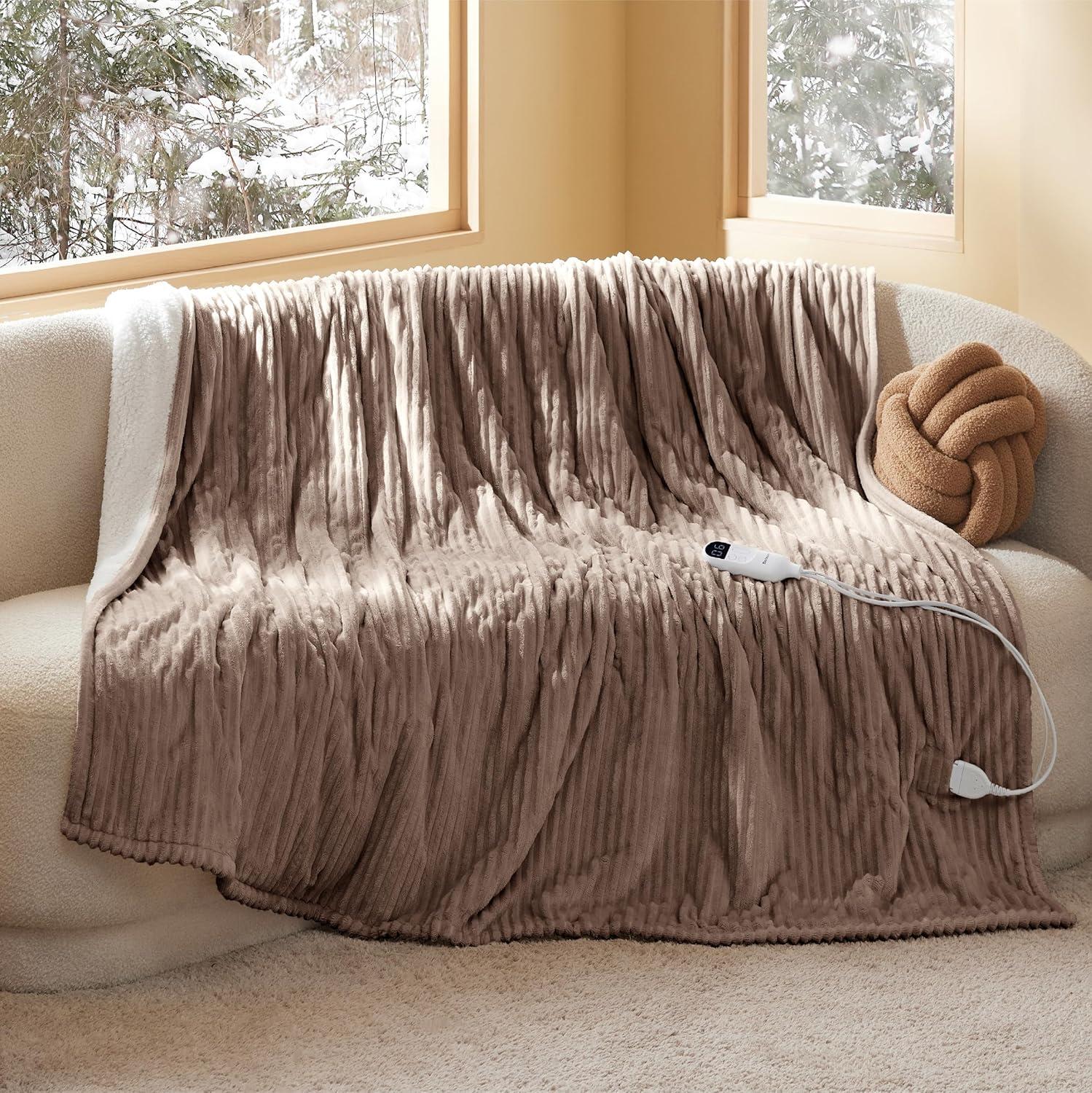 imageBedsure Heated Blanket Throw Flannel Sherpa Electric Blanket with Gingerbread Pattern for Grandma Heated Throw with 6 Heating Levels 4 Time Settings 3Hour AutoOff 50quotx60quot06 Brown