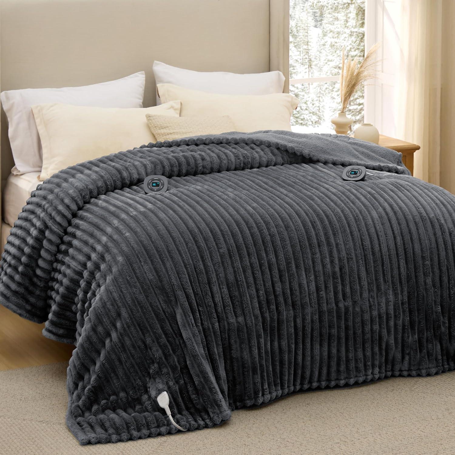 imageBedsure Heated Blanket Throw Flannel Sherpa Electric Blanket with Gingerbread Pattern for Grandma Heated Throw with 6 Heating Levels 4 Time Settings 3Hour AutoOff 50quotx60quot09 Grey
