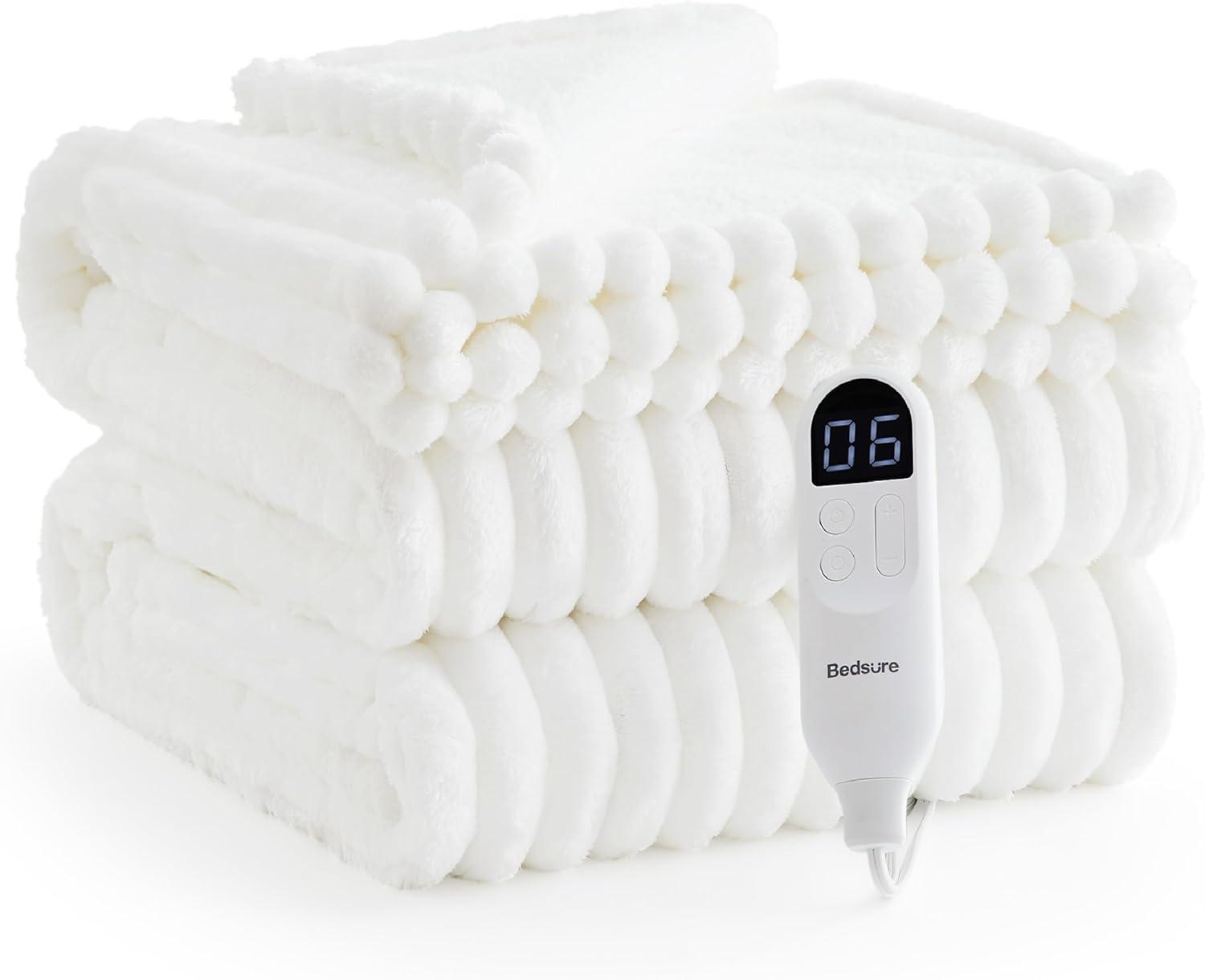 imageBedsure Heated Blanket Throw Flannel Sherpa Electric Blanket with Gingerbread Pattern for Grandma Heated Throw with 6 Heating Levels 4 Time Settings 3Hour AutoOff 50quotx60quot08 White