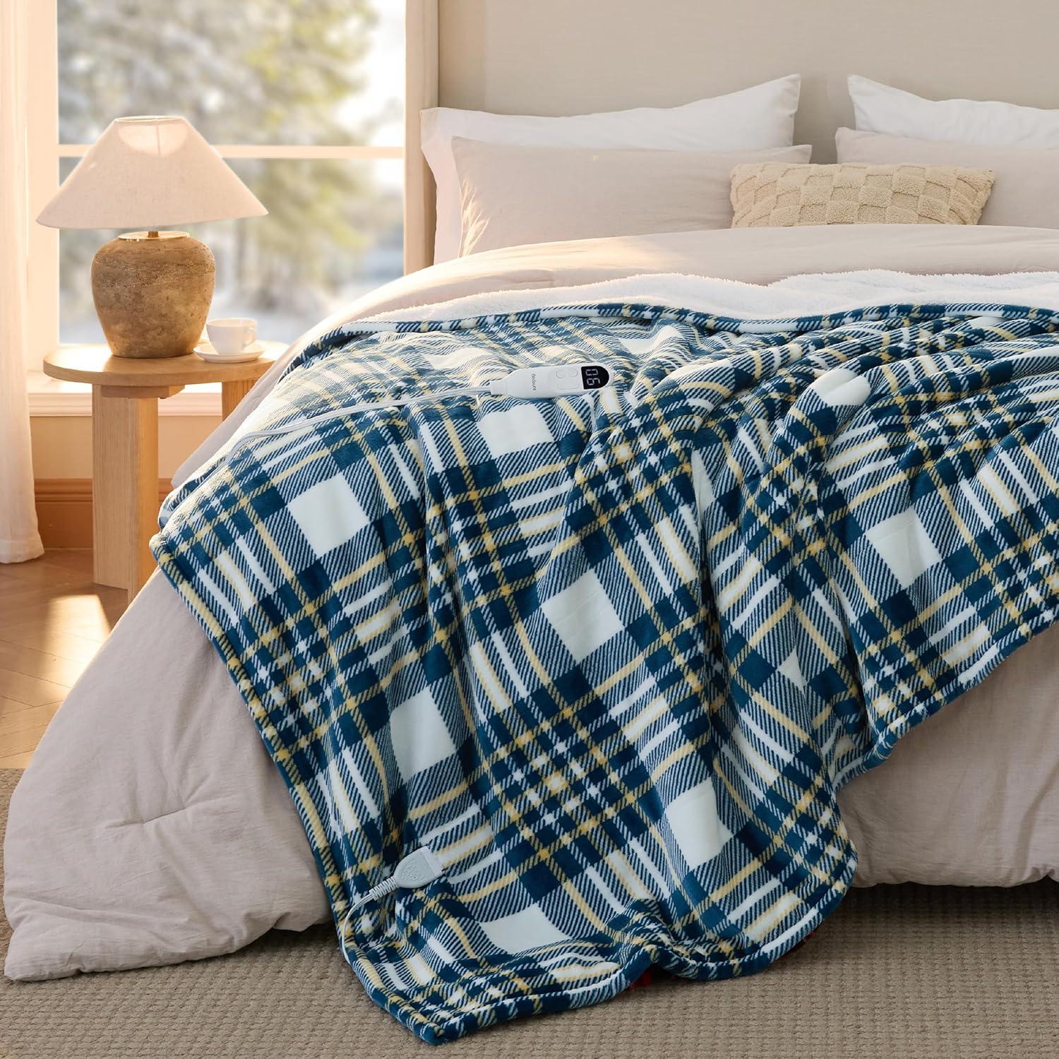 imageBedsure Heated Blanket Throw Flannel Sherpa Electric Blanket with Gingerbread Pattern for Grandma Heated Throw with 6 Heating Levels 4 Time Settings 3Hour AutoOff 50quotx60quot20 Blue