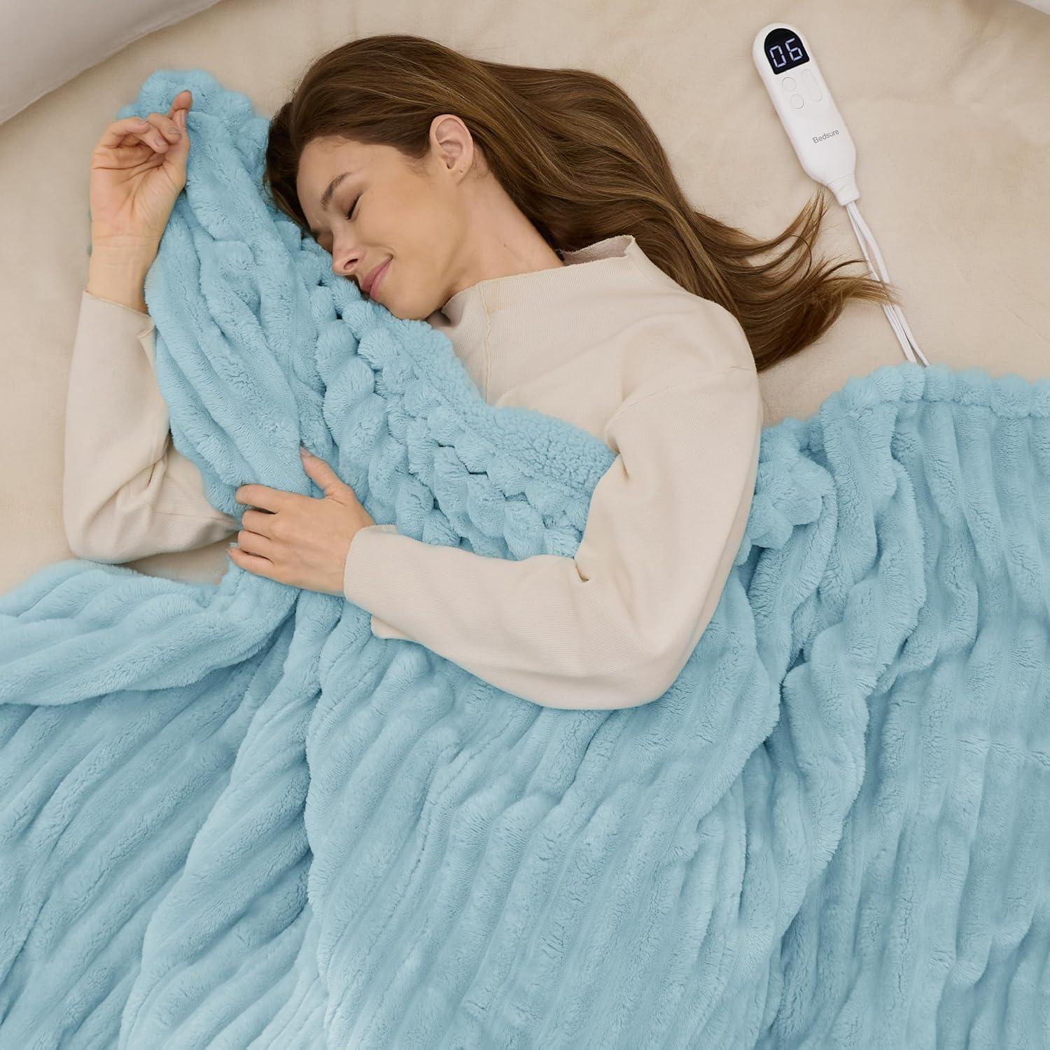 imageBedsure Heated Blanket Throw Flannel Sherpa Electric Blanket with Gingerbread Pattern for Grandma Heated Throw with 6 Heating Levels 4 Time Settings 3Hour AutoOff 50quotx60quot12 Light Blue