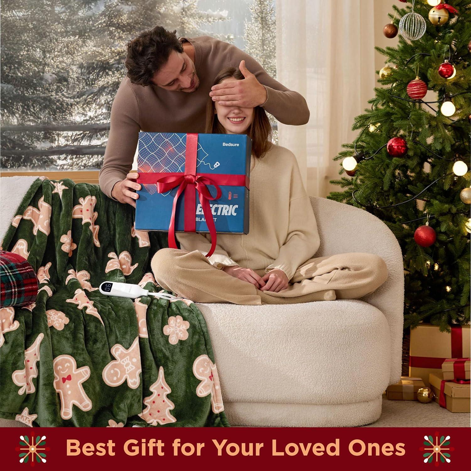 imageBedsure Heated Blanket Throw Flannel Sherpa Electric Blanket with Gingerbread Pattern for Grandma Heated Throw with 6 Heating Levels 4 Time Settings 3Hour AutoOff 50quotx60quot00 Gingerbread Man