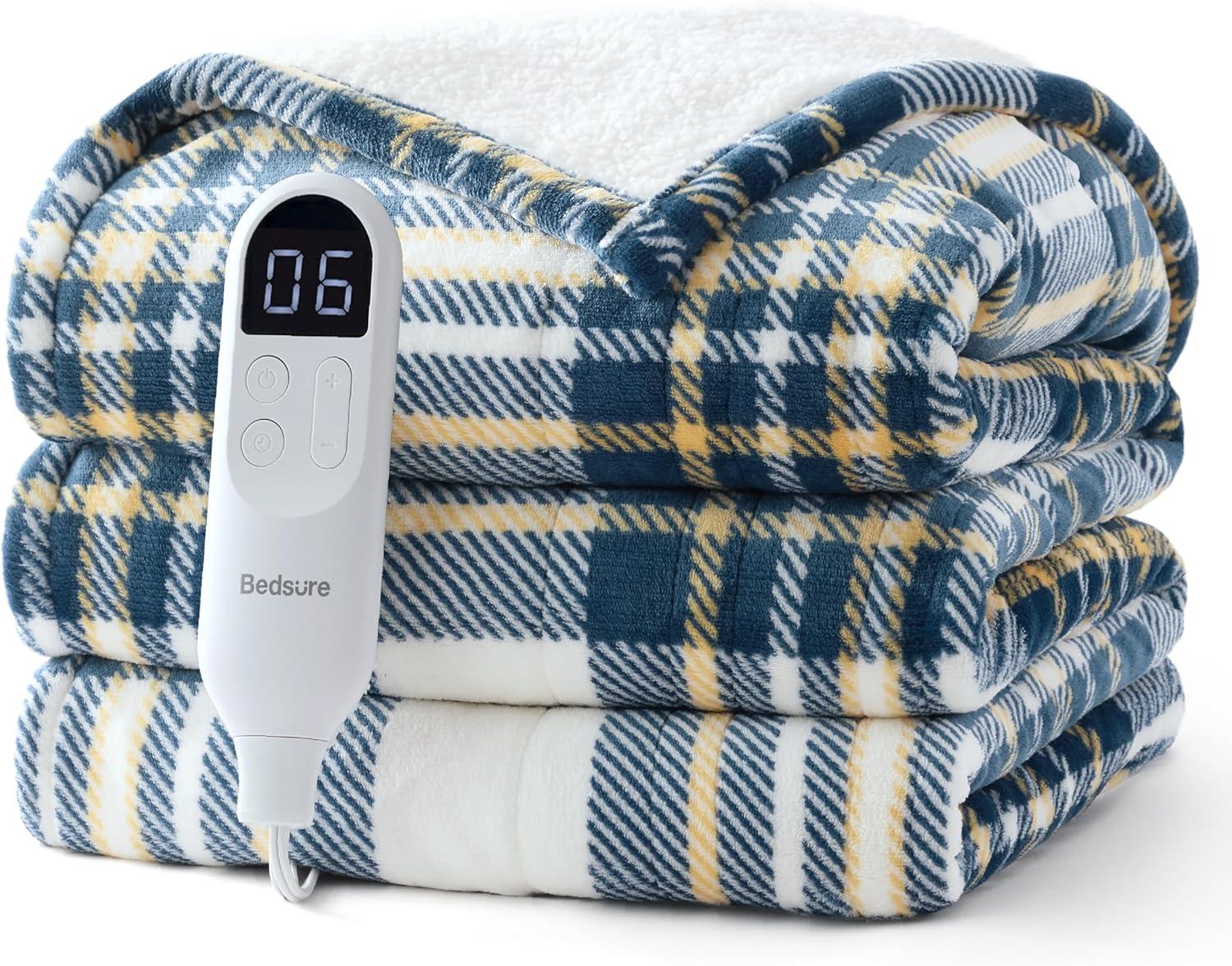 imageBedsure Heated Blanket Throw Flannel Sherpa Electric Blanket with Gingerbread Pattern for Grandma Heated Throw with 6 Heating Levels 4 Time Settings 3Hour AutoOff 50quotx60quot20 Blue