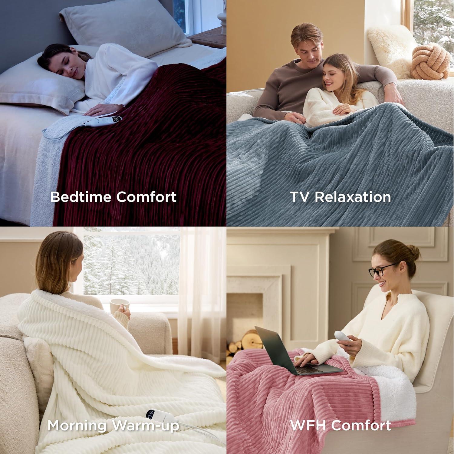 imageBedsure Heated Blanket Throw Flannel Sherpa Electric Blanket with Gingerbread Pattern for Grandma Heated Throw with 6 Heating Levels 4 Time Settings 3Hour AutoOff 50quotx60quot05 Burgundy