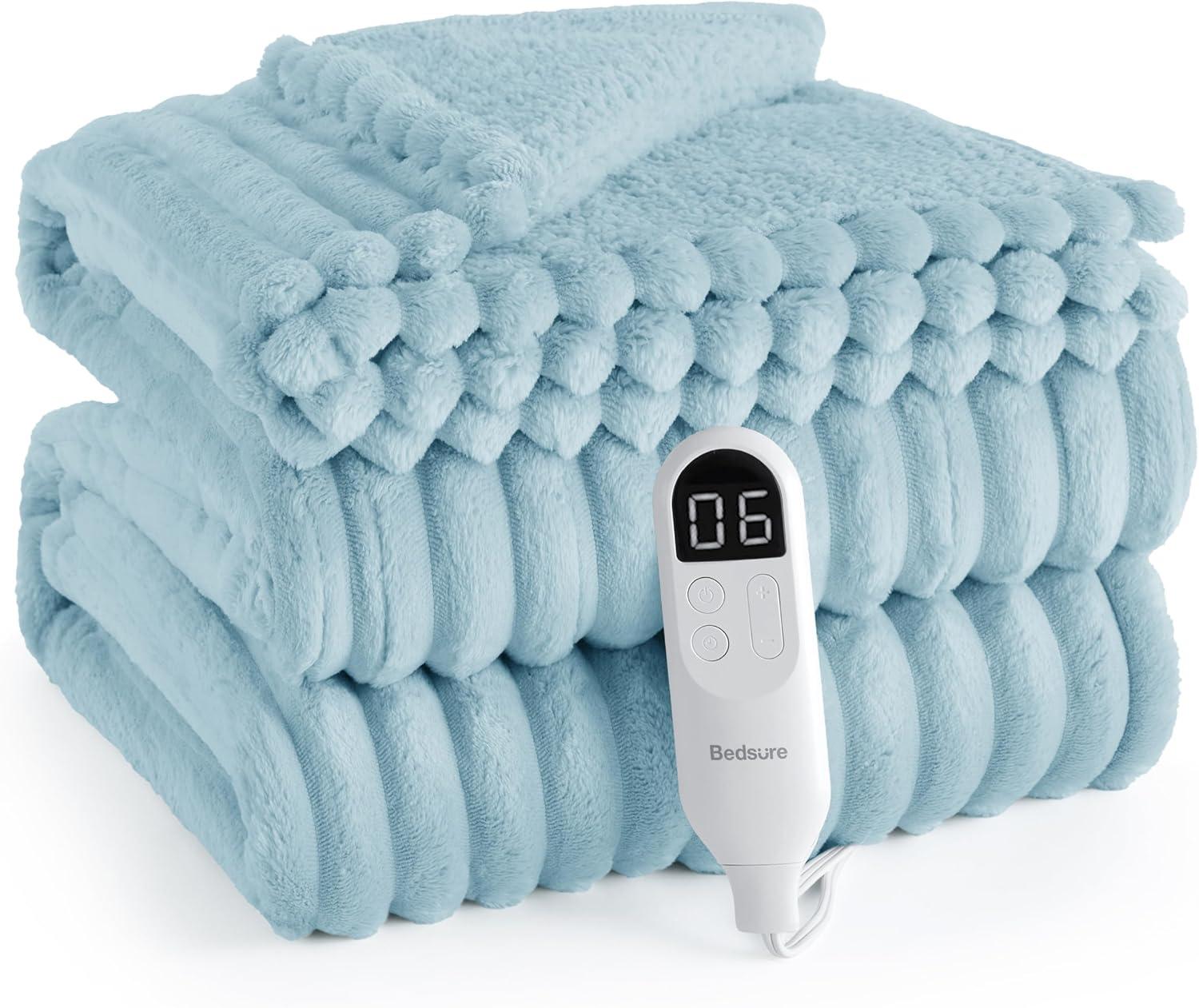 imageBedsure Heated Blanket Throw Flannel Sherpa Electric Blanket with Gingerbread Pattern for Grandma Heated Throw with 6 Heating Levels 4 Time Settings 3Hour AutoOff 50quotx60quot12 Light Blue