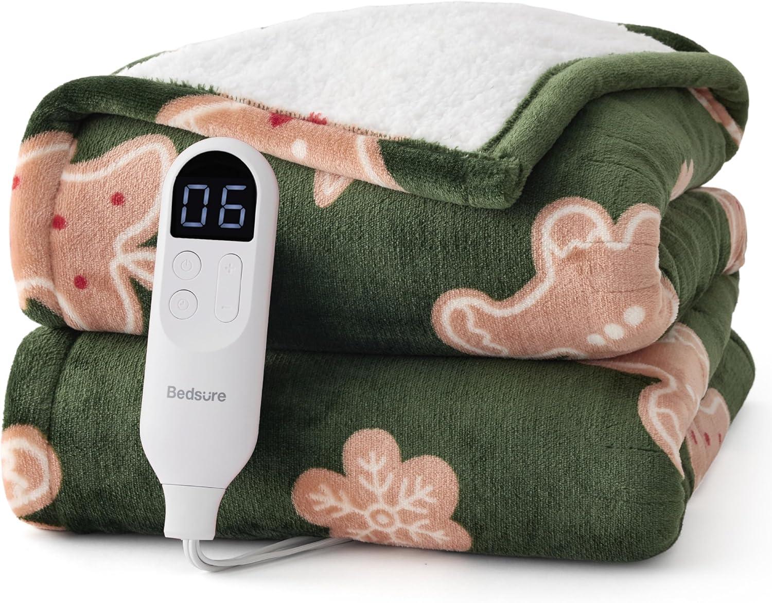 imageBedsure Heated Blanket Throw Flannel Sherpa Electric Blanket with Gingerbread Pattern for Grandma Heated Throw with 6 Heating Levels 4 Time Settings 3Hour AutoOff 50quotx60quot00 Gingerbread Man