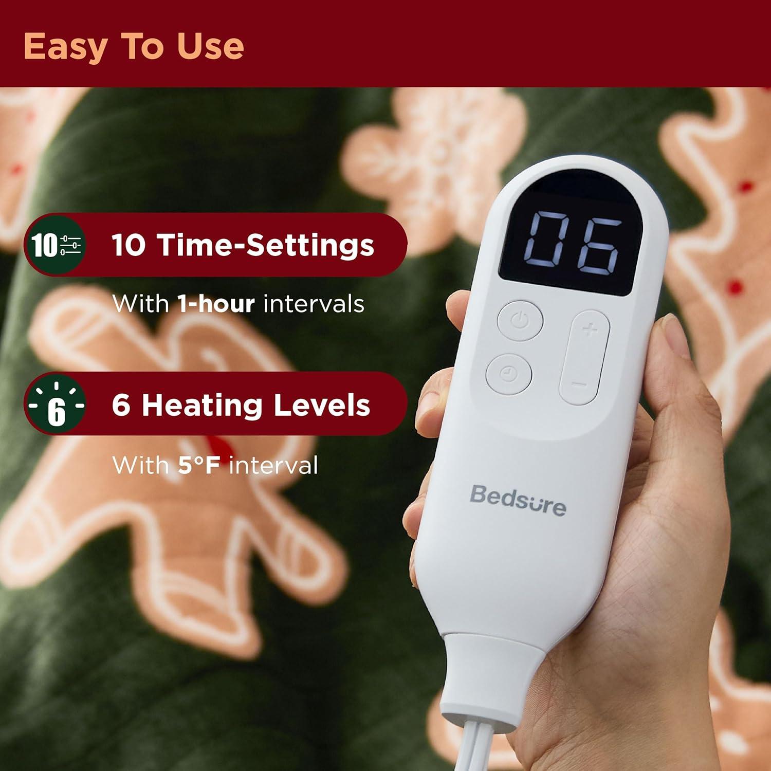 imageBedsure Heated Blanket Throw Flannel Sherpa Electric Blanket with Gingerbread Pattern for Grandma Heated Throw with 6 Heating Levels 4 Time Settings 3Hour AutoOff 50quotx60quot00 Gingerbread Man
