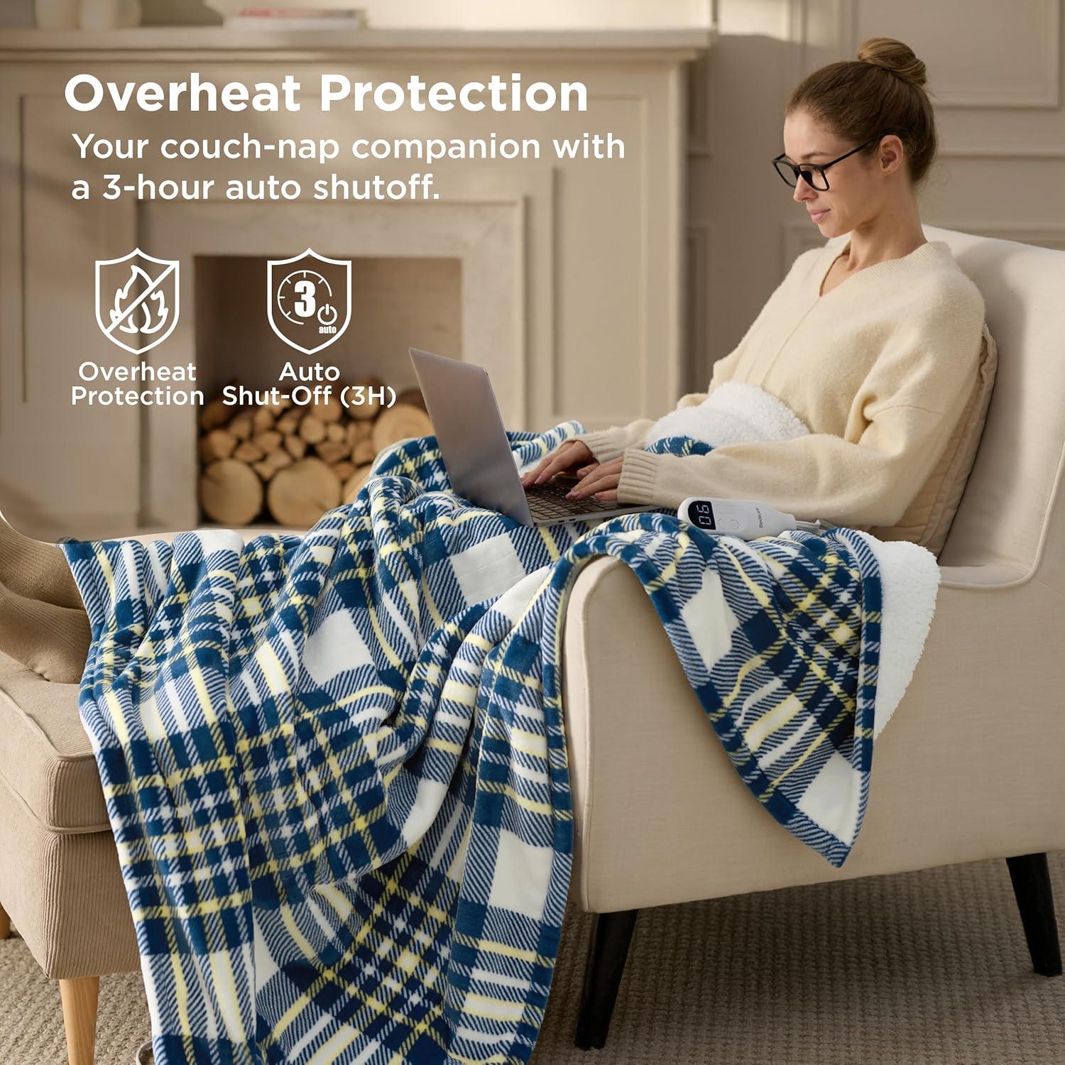 imageBedsure Heated Blanket Throw Flannel Sherpa Electric Blanket with Gingerbread Pattern for Grandma Heated Throw with 6 Heating Levels 4 Time Settings 3Hour AutoOff 50quotx60quot20 Blue