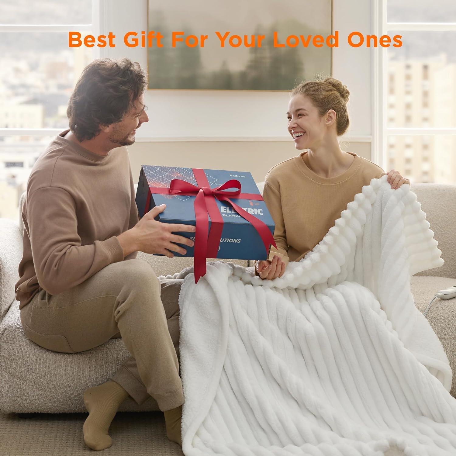imageBedsure Heated Blanket Throw Flannel Sherpa Electric Blanket with Gingerbread Pattern for Grandma Heated Throw with 6 Heating Levels 4 Time Settings 3Hour AutoOff 50quotx60quot08 White