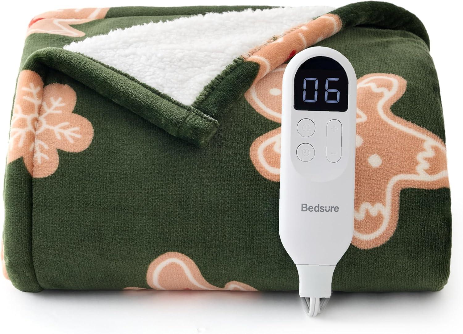imageBedsure Heated Blanket Throw Flannel Sherpa Electric Blanket with Gingerbread Pattern for Grandma Heated Throw with 6 Heating Levels 4 Time Settings 3Hour AutoOff 50quotx60quot00 Gingerbread Man