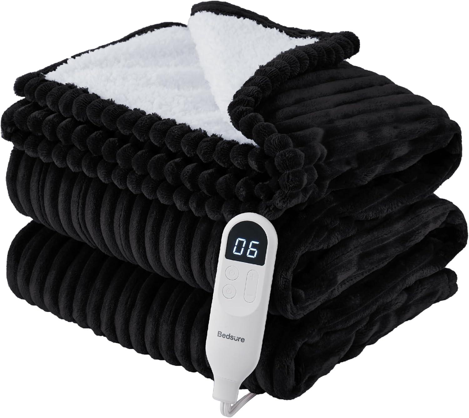 imageBedsure Heated Blanket Throw Flannel Sherpa Electric Blanket with Gingerbread Pattern for Grandma Heated Throw with 6 Heating Levels 4 Time Settings 3Hour AutoOff 50quotx60quot07 Black