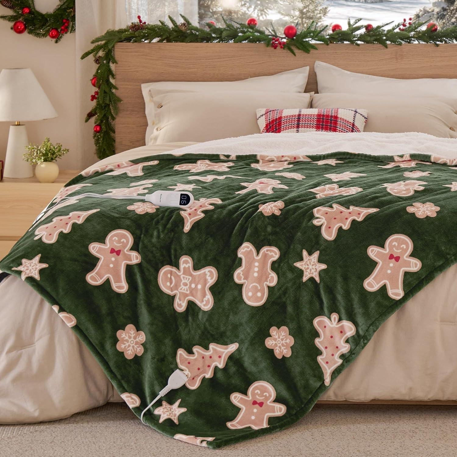 imageBedsure Heated Blanket Throw Flannel Sherpa Electric Blanket with Gingerbread Pattern for Grandma Heated Throw with 6 Heating Levels 4 Time Settings 3Hour AutoOff 50quotx60quot00 Gingerbread Man