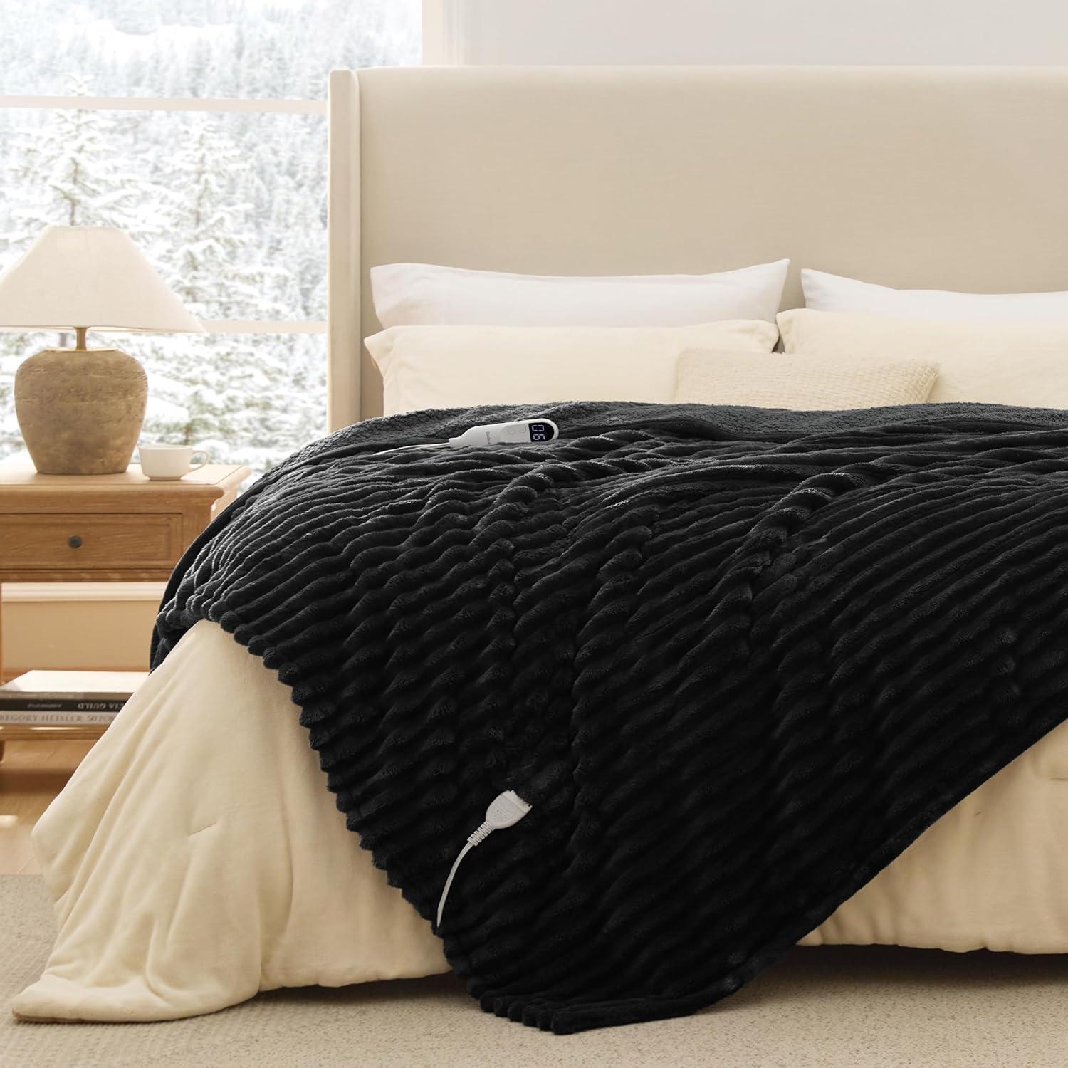 imageBedsure Heated Blanket Throw Flannel Sherpa Electric Blanket with Gingerbread Pattern for Grandma Heated Throw with 6 Heating Levels 4 Time Settings 3Hour AutoOff 50quotx60quot12 Black