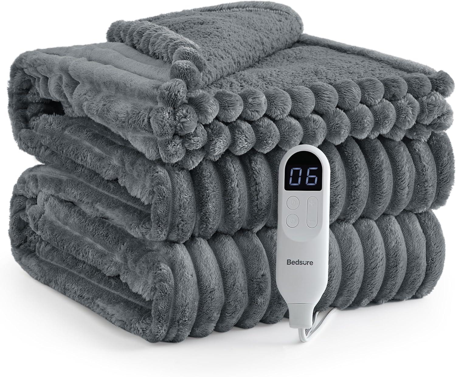 imageBedsure Heated Blanket Throw Flannel Sherpa Electric Blanket with Gingerbread Pattern for Grandma Heated Throw with 6 Heating Levels 4 Time Settings 3Hour AutoOff 50quotx60quot09 Grey