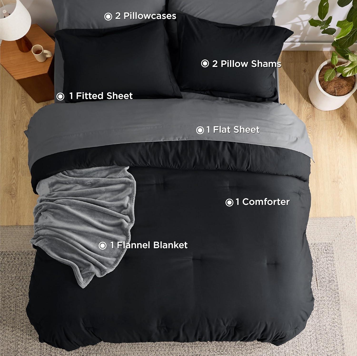 imageBedsure Queen Comforter Set Beige 8 Pieces Prewashed Queen Size Bed in a Bag with Soft Fleece Bed Blanket Down Alternative Bedding Set for All Seasons Sheets Pillowcases ampamp ShamsBlack