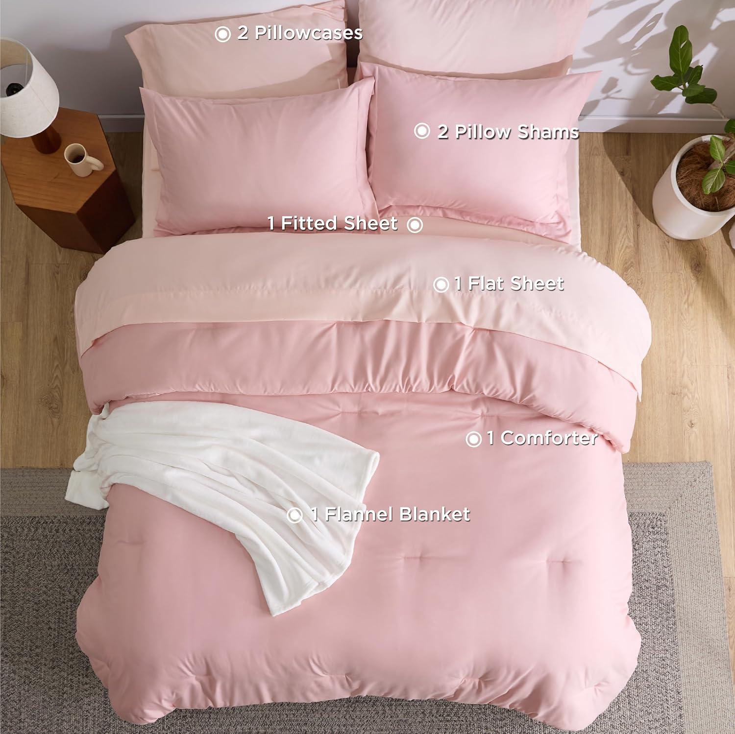 imageBedsure Queen Comforter Set Beige 8 Pieces Prewashed Queen Size Bed in a Bag with Soft Fleece Bed Blanket Down Alternative Bedding Set for All Seasons Sheets Pillowcases ampamp ShamsPink