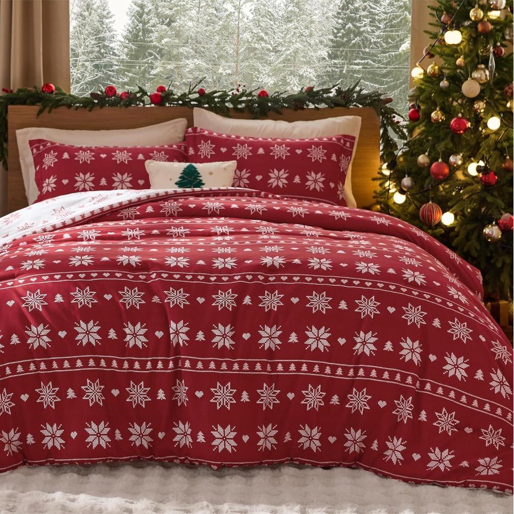 imageBedsure Christmas Comforter Set Queen Christmas Bed Set with Reindeer Soft Bedding for Holiday 3 Pieces 1 Reversible Buffalo Check Printed Comforter and 2 Pillow Shams02 Red Snowflake