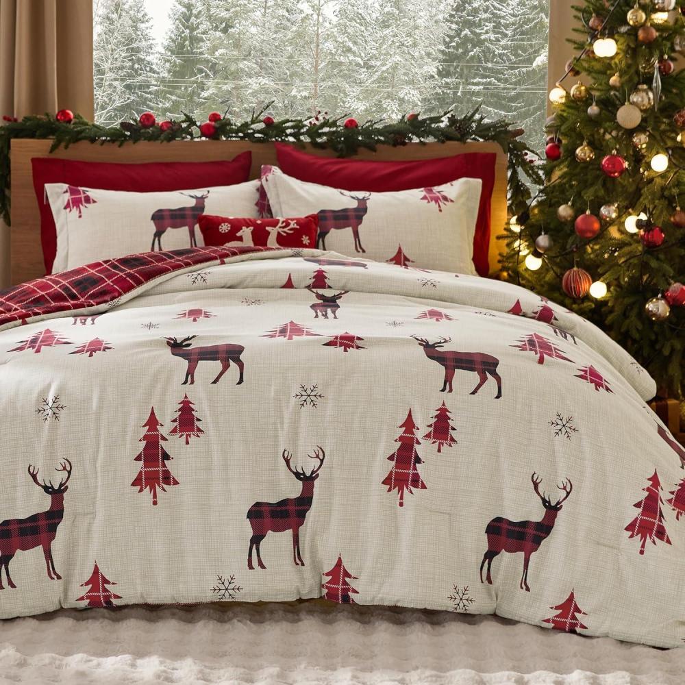 imageBedsure Christmas Comforter Set Queen Christmas Bed Set with Reindeer Soft Bedding for Holiday 3 Pieces 1 Reversible Buffalo Check Printed Comforter and 2 Pillow Shams01 Red Reindeer