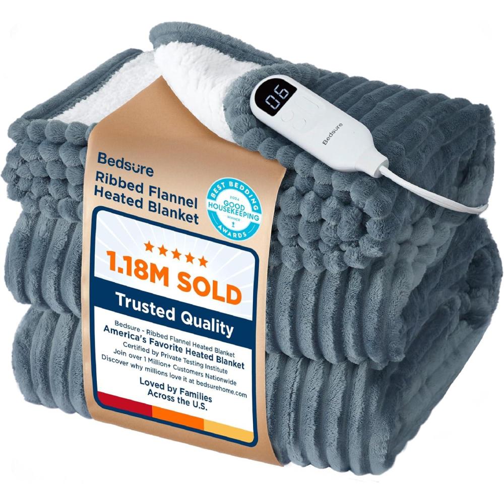 imageBedsure Heated Blanket Throw Flannel Sherpa Electric Blanket with Gingerbread Pattern for Grandma Heated Throw with 6 Heating Levels 4 Time Settings 3Hour AutoOff 50quotx60quot01 Grey