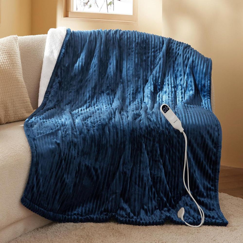 imageBedsure Heated Blanket Throw Flannel Sherpa Electric Blanket with Gingerbread Pattern for Grandma Heated Throw with 6 Heating Levels 4 Time Settings 3Hour AutoOff 50quotx60quot04 Navy