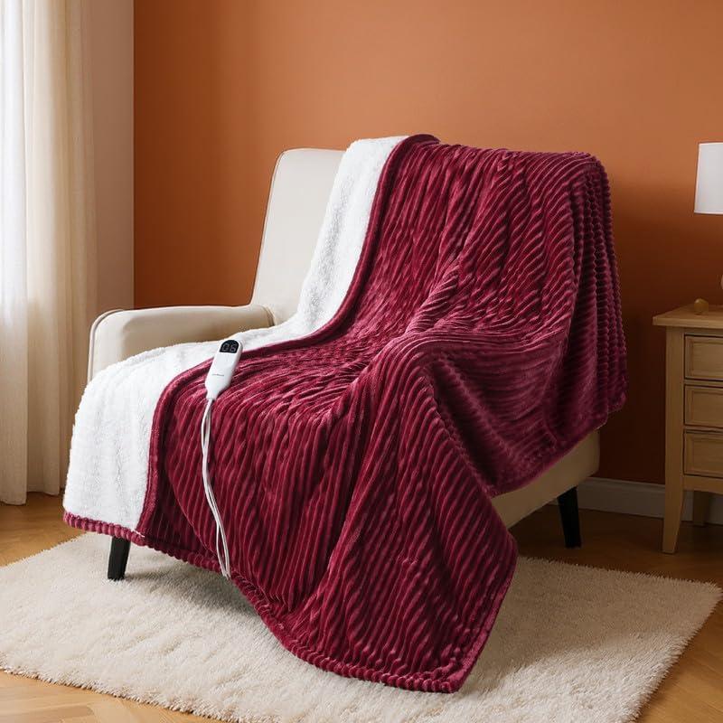 imageBedsure Heated Blanket Throw Flannel Sherpa Electric Blanket with Gingerbread Pattern for Grandma Heated Throw with 6 Heating Levels 4 Time Settings 3Hour AutoOff 50quotx60quot05 Burgundy