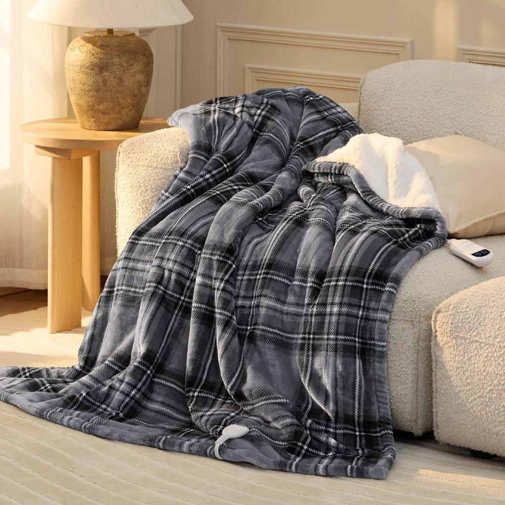imageBedsure Heated Blanket Throw Flannel Sherpa Electric Blanket with Gingerbread Pattern for Grandma Heated Throw with 6 Heating Levels 4 Time Settings 3Hour AutoOff 50quotx60quot21 Grey