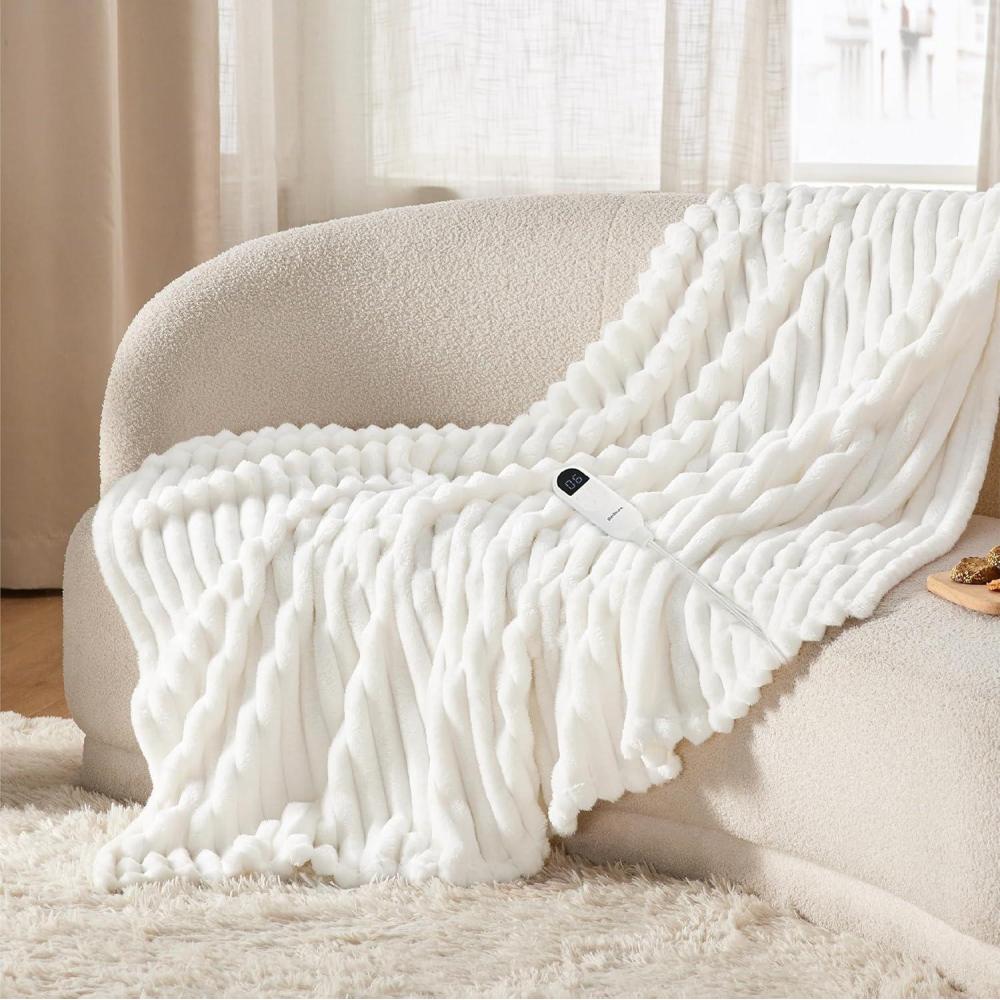 imageBedsure Heated Blanket Throw Flannel Sherpa Electric Blanket with Gingerbread Pattern for Grandma Heated Throw with 6 Heating Levels 4 Time Settings 3Hour AutoOff 50quotx60quot08 White