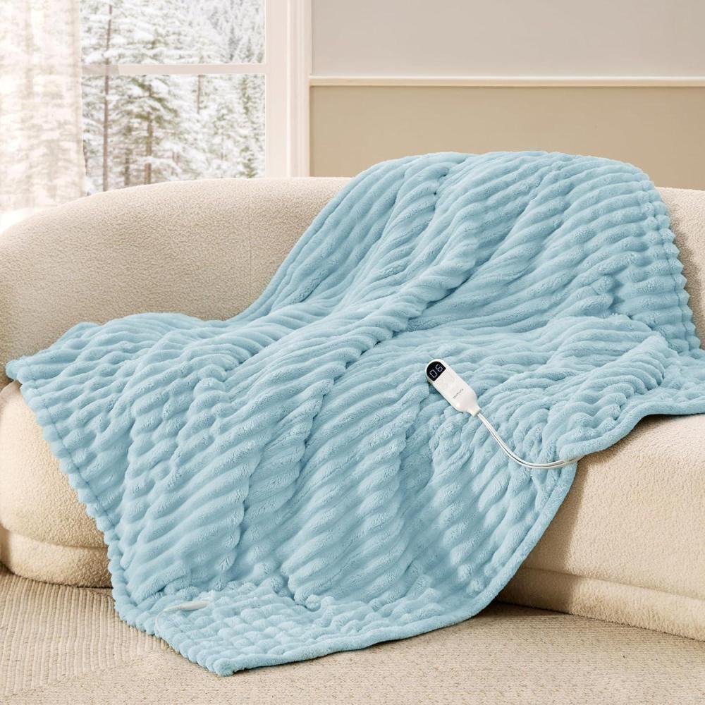 imageBedsure Heated Blanket Throw Flannel Sherpa Electric Blanket with Gingerbread Pattern for Grandma Heated Throw with 6 Heating Levels 4 Time Settings 3Hour AutoOff 50quotx60quot12 Light Blue