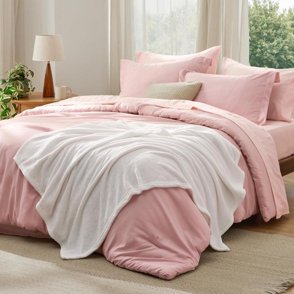 imageBedsure Queen Comforter Set Beige 8 Pieces Prewashed Queen Size Bed in a Bag with Soft Fleece Bed Blanket Down Alternative Bedding Set for All Seasons Sheets Pillowcases ampamp ShamsPink
