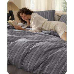 Bedsure Striped Duvet Cover Queen Size,100% Washed Cotton Duvet Cover Linen Like Textured, Classic Striped Pattern Enhances Bedroom Comfort and Style, Stripes Olive Green, 90″x90″(04 – Stripes – Grey (No Comforter))
