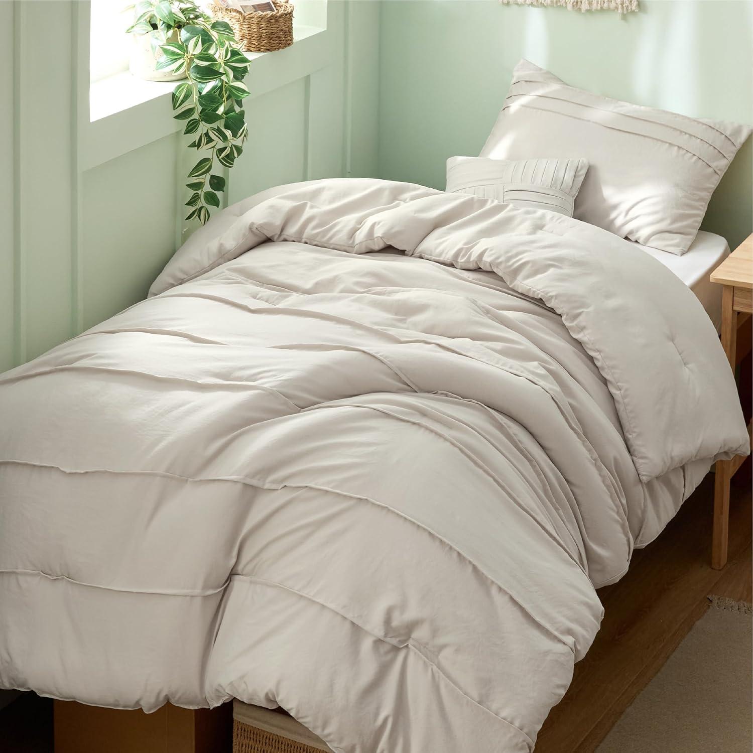 imageBedsure Light Pink Twin XL Comforter Set 3 Pieces Pinch Pleat Bed Set Down Alternative Bedding Sets for All Season 1 Comforter 1 Pillowcase 1 Decorative Pillow01 Beige