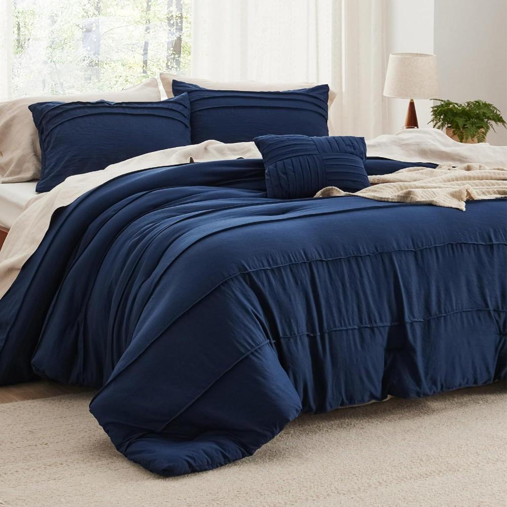 imageBedsure Light Pink Twin XL Comforter Set 3 Pieces Pinch Pleat Bed Set Down Alternative Bedding Sets for All Season 1 Comforter 1 Pillowcase 1 Decorative Pillow01 Navy