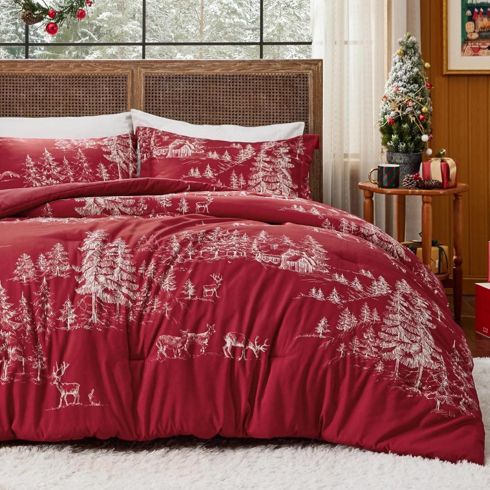imageBedsure Christmas Comforter Set Queen Christmas Bed Set with Festival Forest Soft Bedding for Holiday 3 Pieces 1 Soft Trees Printed Comforter and 2 Pillow Shams06 Red Forest